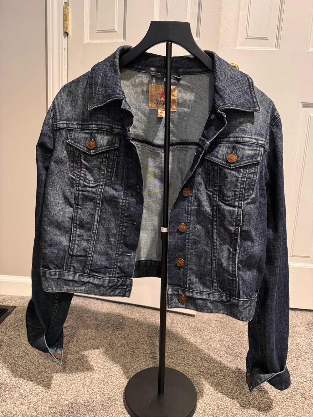 People's Liberation Premium Dark Wash Distressed Denim Trucker Jacket Y2K